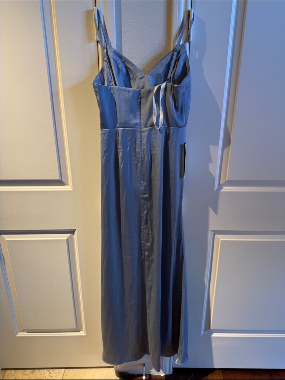 Azazie Dusty Blue Satin Wrap-Front Maxi Dress with High Slit - Picture 3 of 4